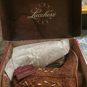 Lucchese Tan Heeled Boots with Gold Accents